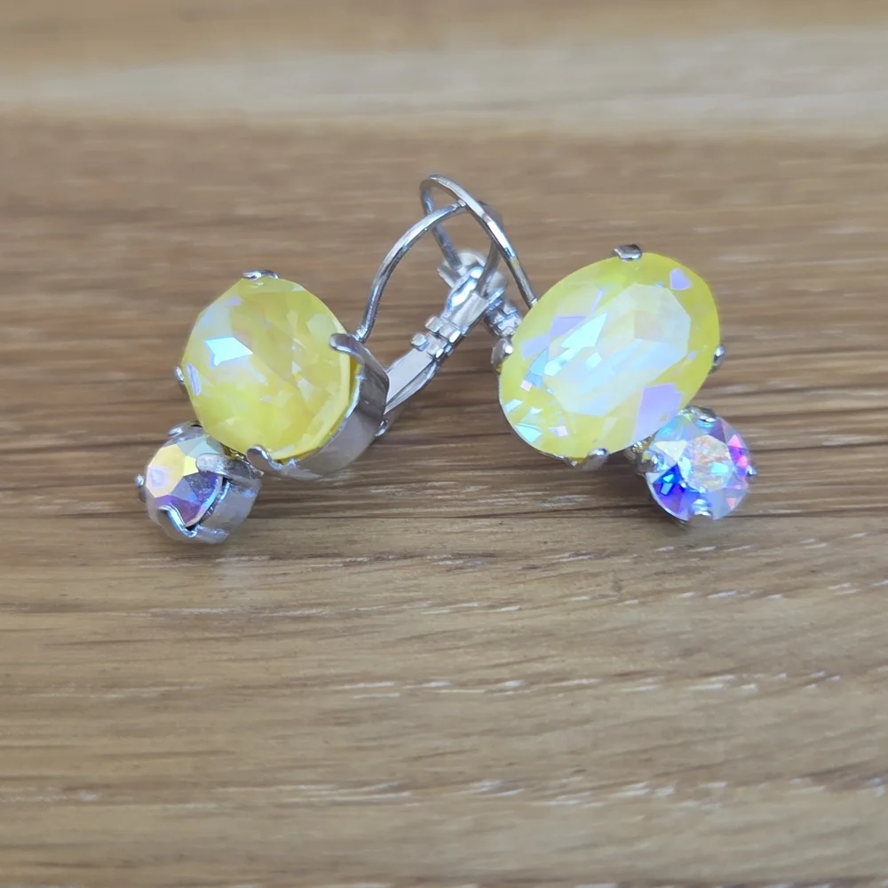 Silver Leverback Earrings with Yellow Sunshine Delite Crystals - Hand Crafted